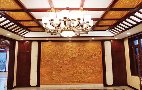 新巴尔虎左中式别墅客厅中式木作横梁吊顶装饰展示